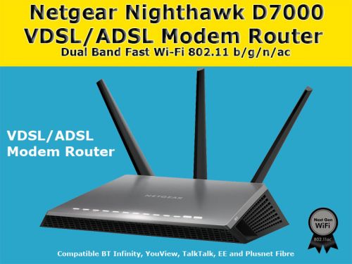 NETGEAR D7000-100UKS Nighthawk AC1900 Dual Band Wireless VDSL/ADSL Modem Router