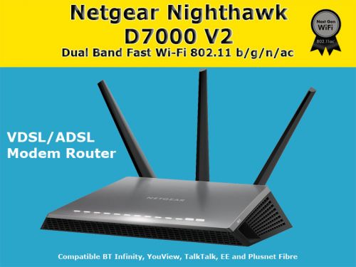 NETGEAR D7000-200UKS Nighthawk AC1900 Dual Band Wireless VDSL/ADSL Modem Router